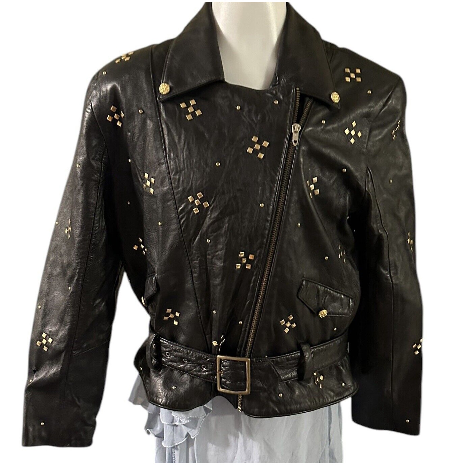 Women’s Medium Vintage Positano Pelle Black Gold Studded Leather Jacket